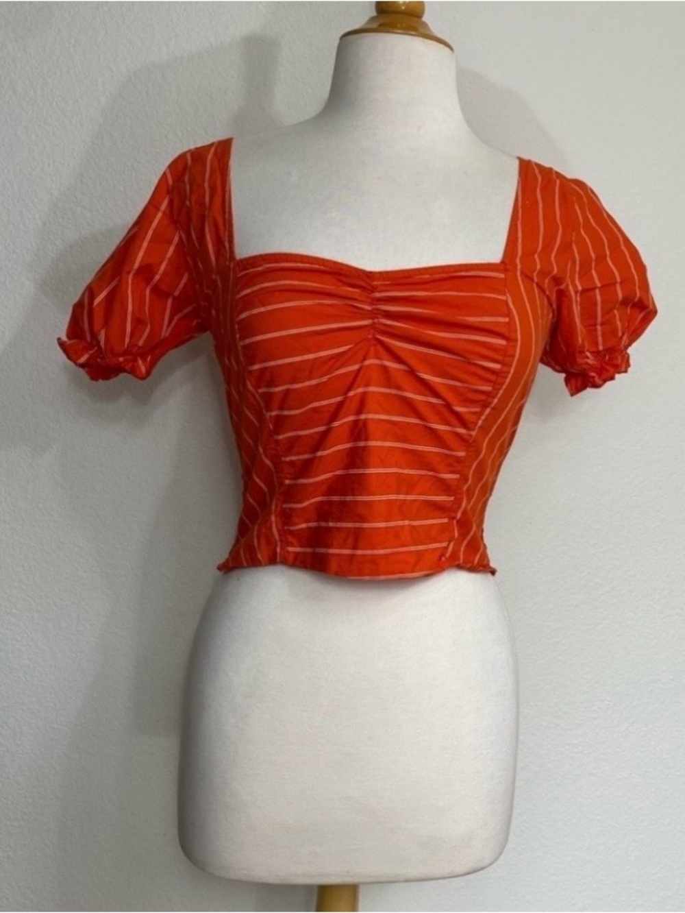 Free People Womens Orange White Stripe Puff Sleeve Smock Blouse Size Medium Boho